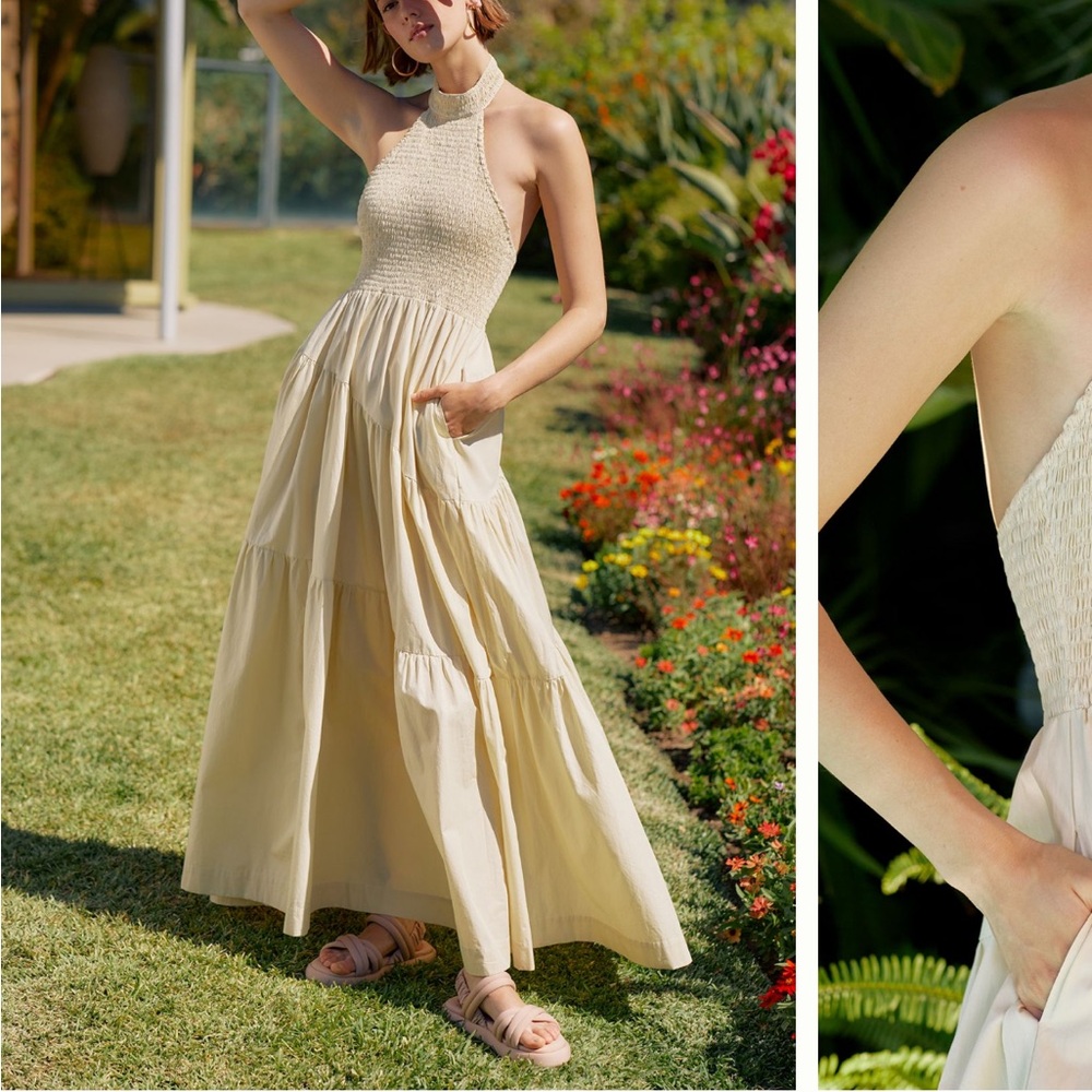 High-neck, smocked cotton Maxi dress by S/W/F